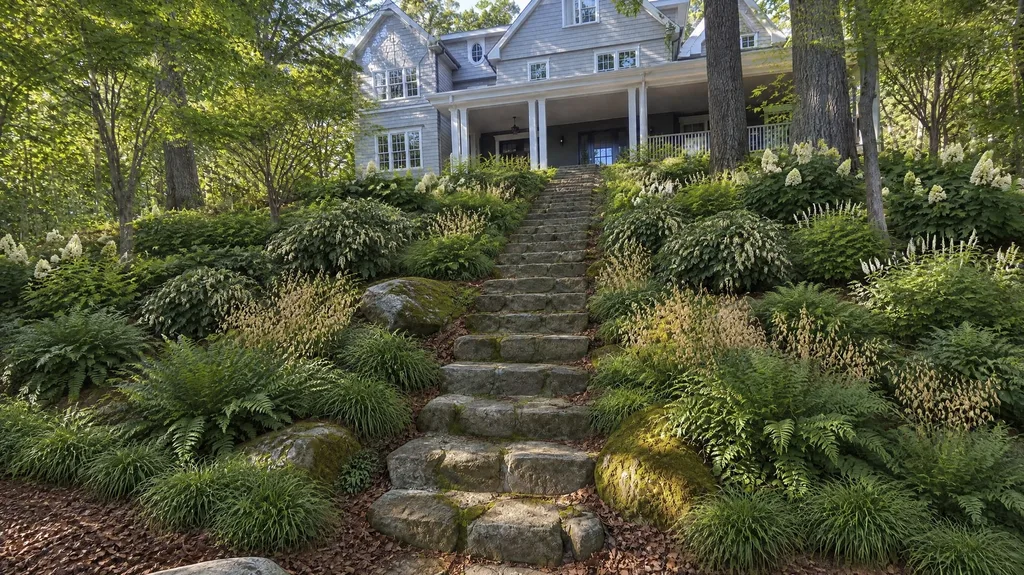 Connecticut hillside, woodland steps — the finished design