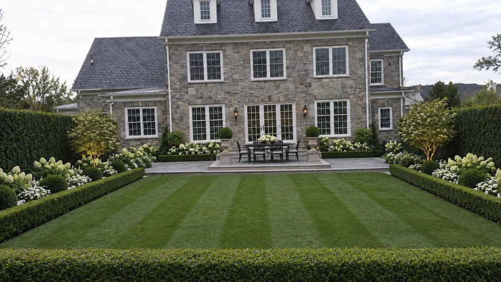 Fieldstone colonial, formal garden room — the finished design