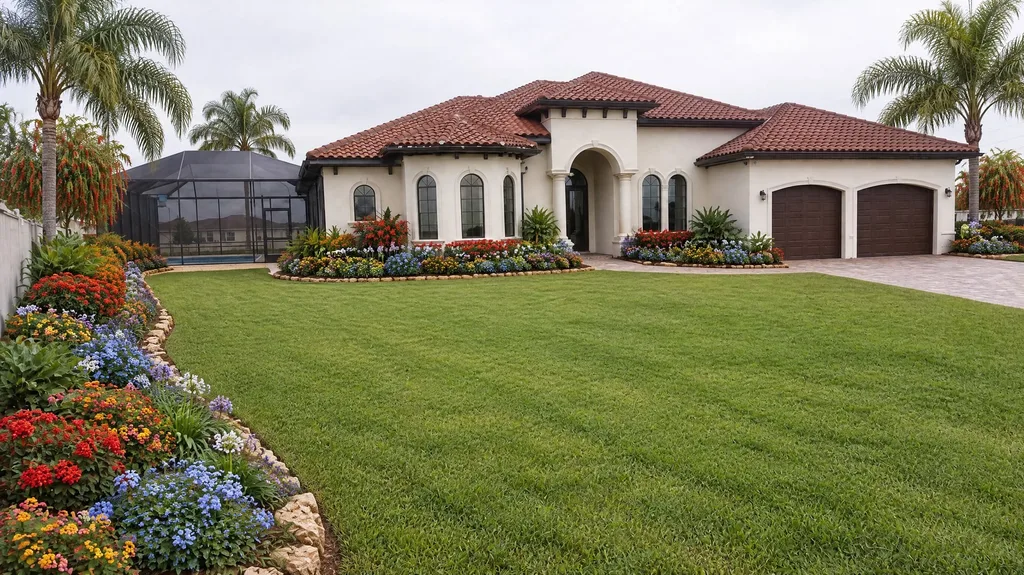 Florida Mediterranean, queen palms — the finished design