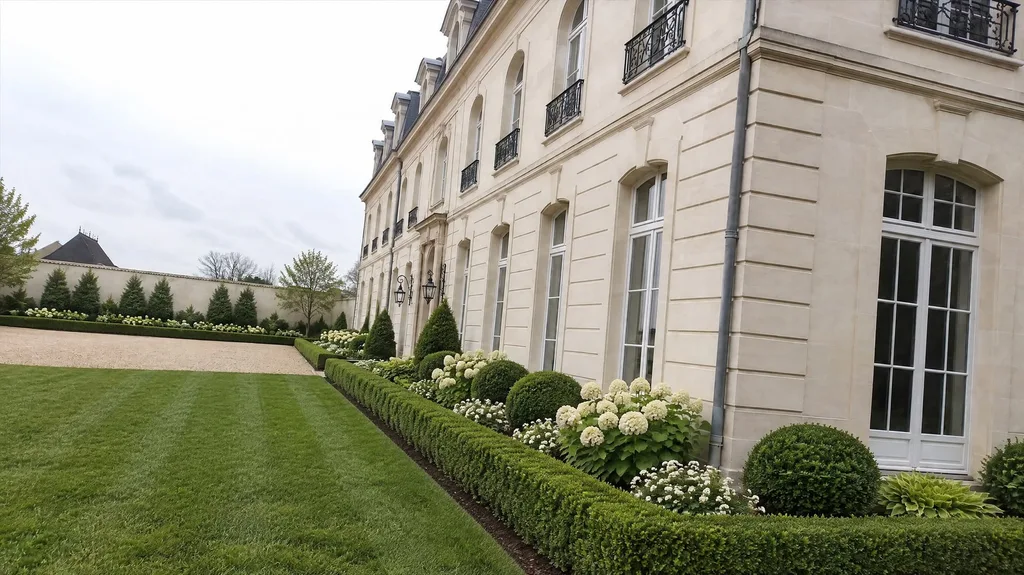 French limestone manor, hydrangea border — the finished design