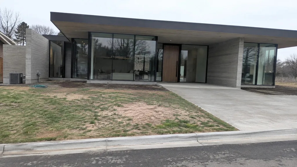 Glass pavilion, modern planting — the original photo