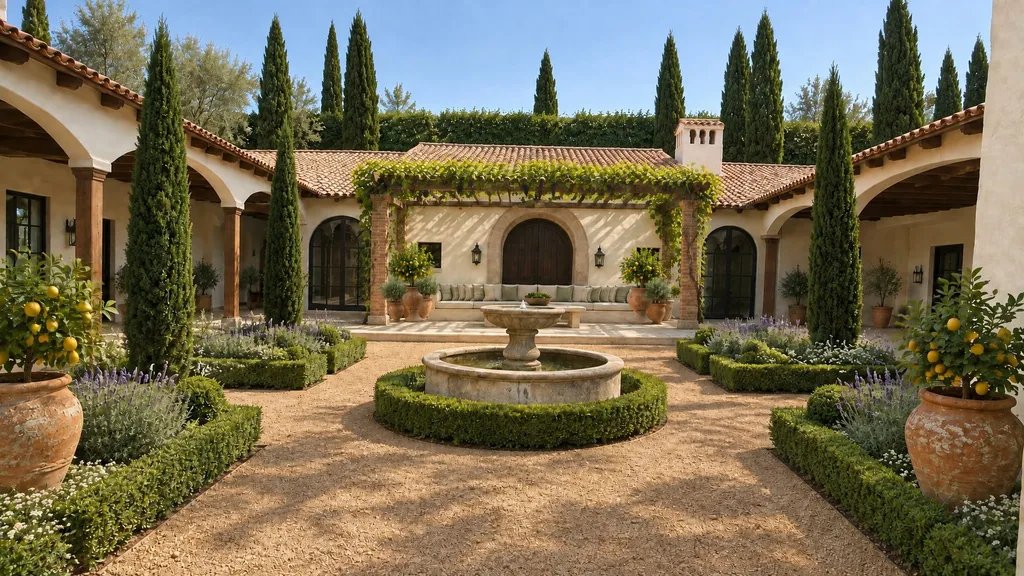 Hacienda courtyard, citrus urns — the finished design