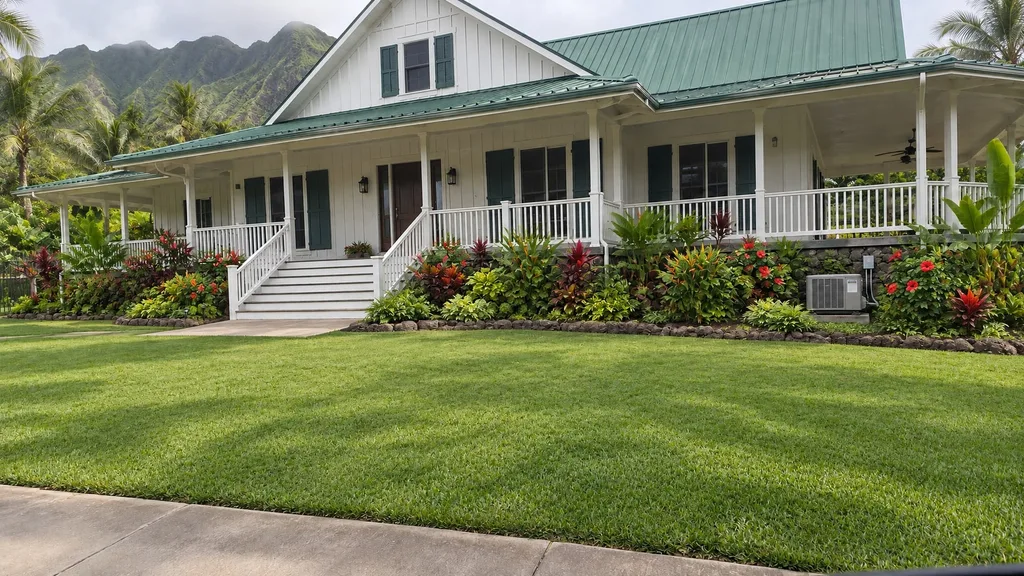 Plantation house, tropical borders — the finished design