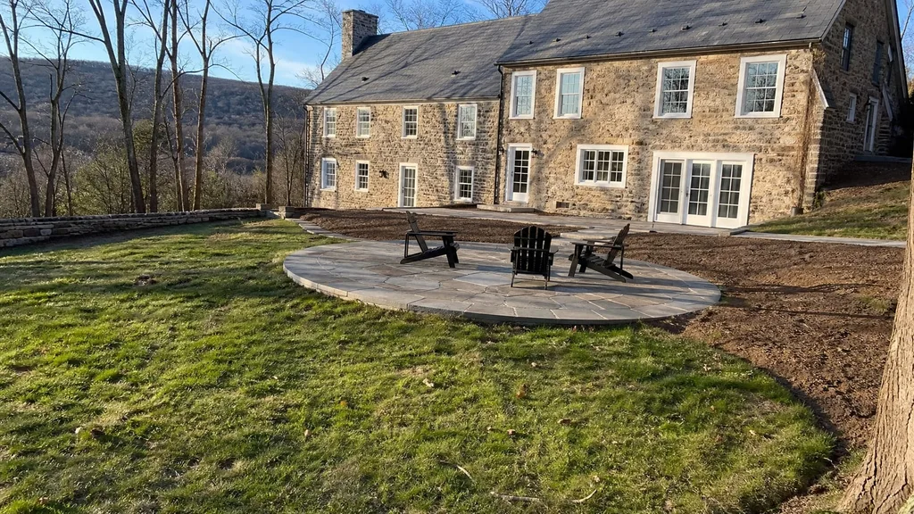 Hudson Valley stone farmhouse, patio garden — the original photo