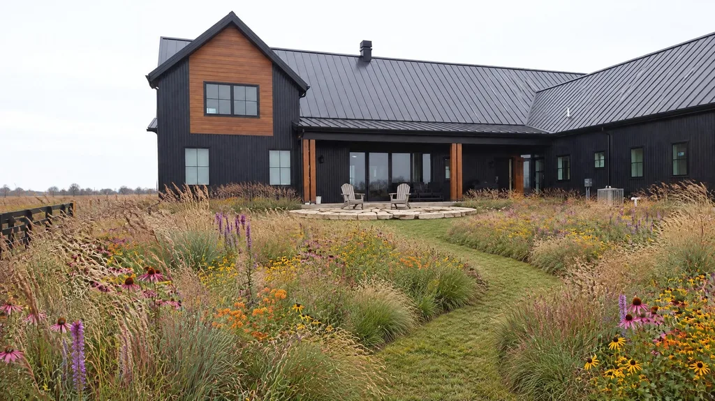 Iowa modern farmhouse, native prairie — the finished design