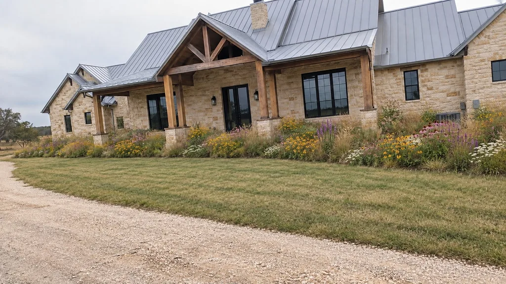 Limestone ranch house, prairie meadow — the finished design