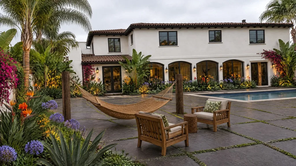 Los Angeles Spanish modern, pool terrace — the finished design
