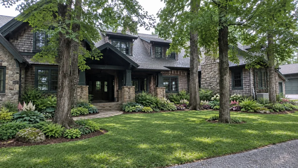 Shingle house under maples, shade garden — the finished design