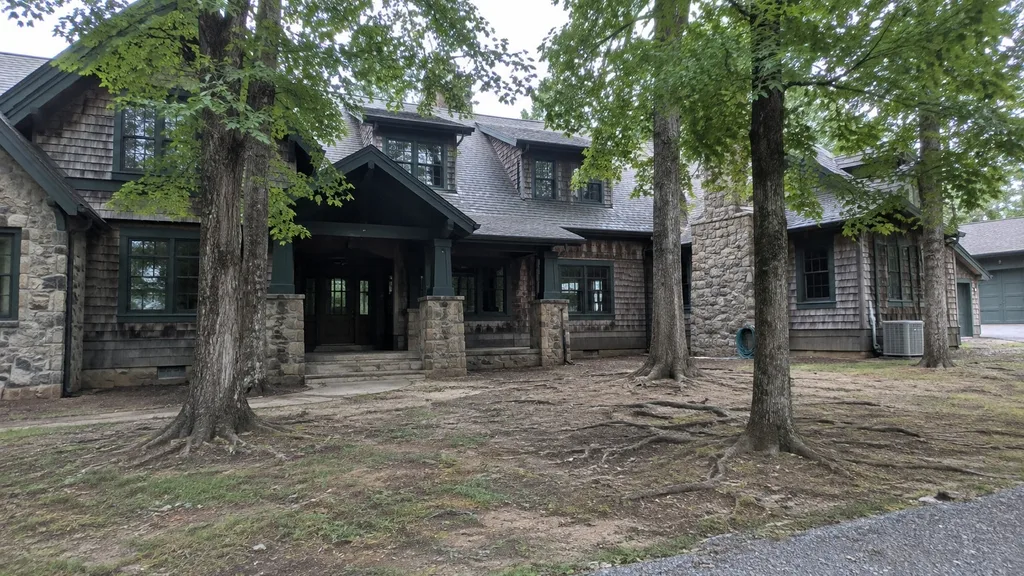 Shingle house under maples, shade garden — the original photo