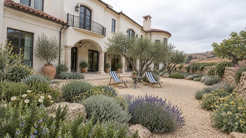 Mediterranean Revival villa, gravel garden — the finished design