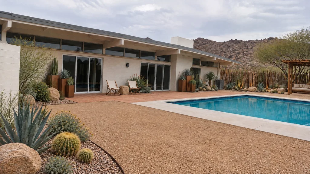 Mid-century desert house, pool garden — the finished design