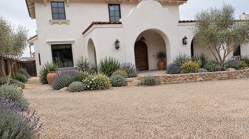Mission Revival house, gravel forecourt — the finished design