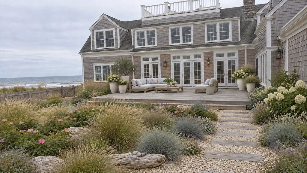 Nantucket shingle house, dune garden — the finished design