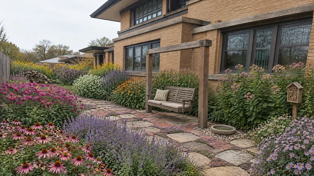 Prairie-style brick house, pollinator path — the finished design