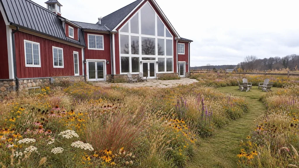 Red barn home, meadow garden — the finished design