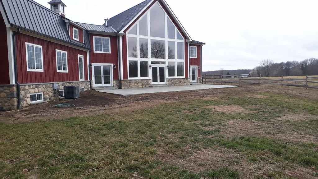 Red barn home, meadow garden — the original photo