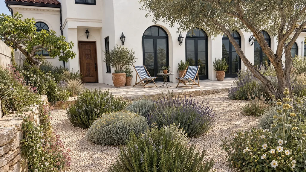 Spanish Revival villa, olive and gravel garden — the finished design