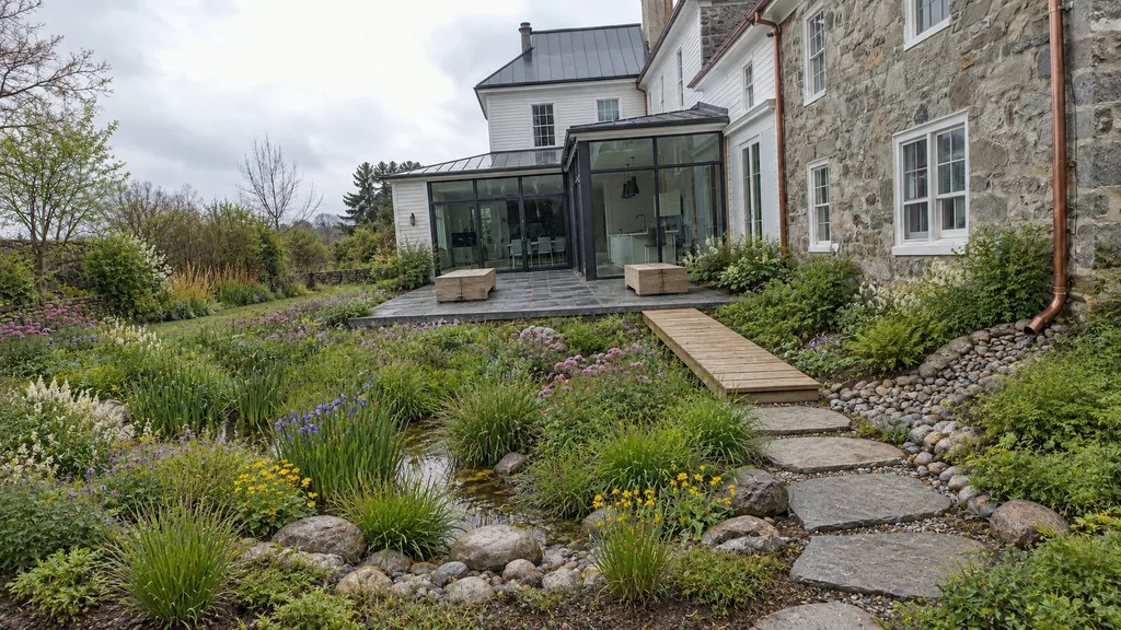 Stone farmhouse, back-yard rain garden — the finished design