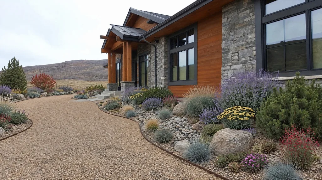 Stone-and-timber contemporary, gravel xeriscape — the finished design