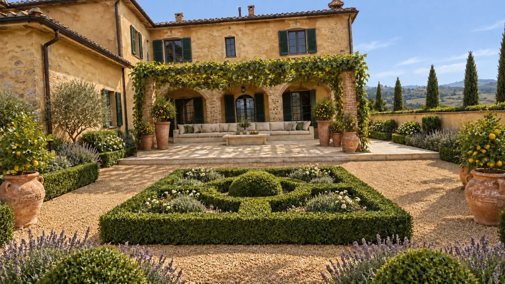 Tuscan farmhouse villa, parterre terrace — the finished design
