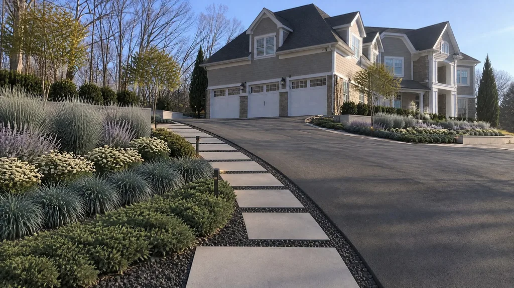 Westchester shingle house, driveway border — the finished design