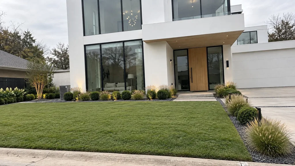 White cube modern, grasses and spheres — the finished design