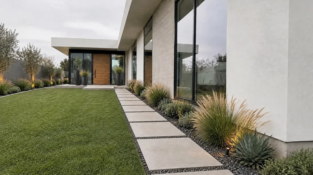 White stucco modern, grass and agave walk — the finished design
