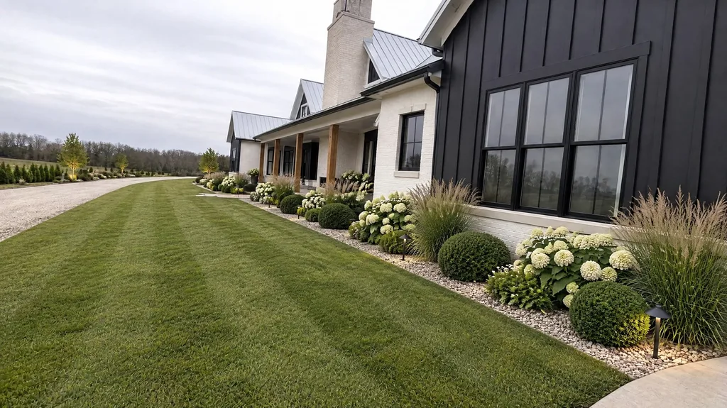 Whitewashed brick farmhouse, foundation border — the finished design