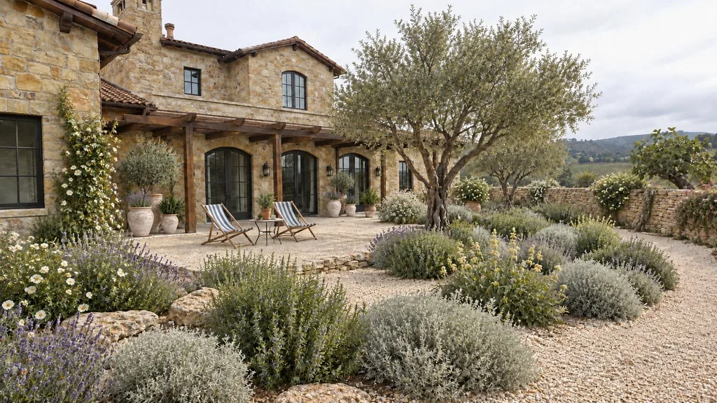 Wine-country stone villa, gravel garden — the finished design