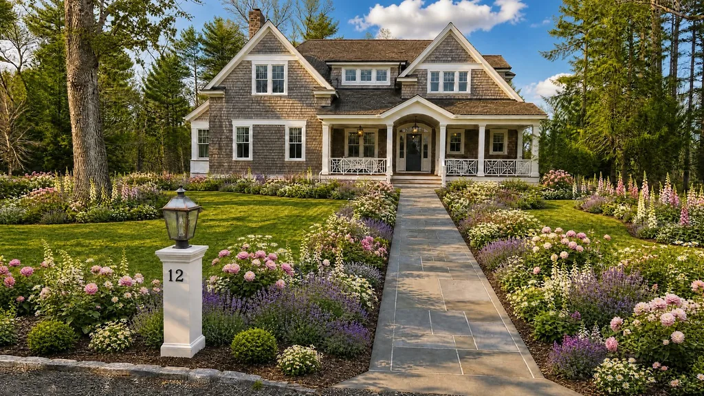 A cottage landscape rendered by YardRemake on a sample home