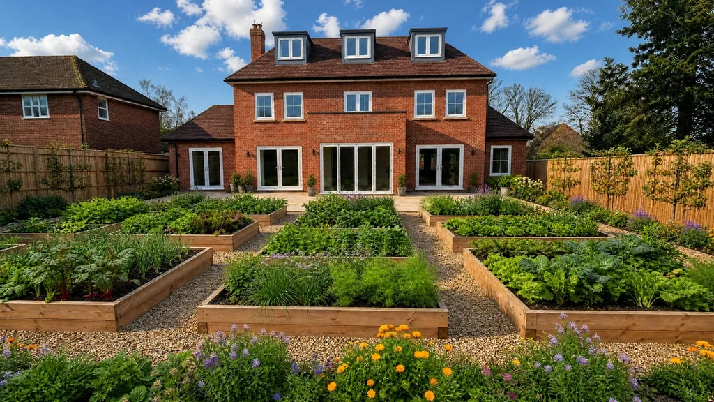 A kitchen garden landscape rendered by YardRemake on a sample home