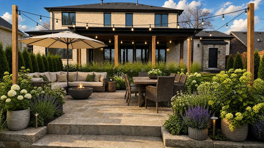A outdoor living landscape rendered by YardRemake on a sample home