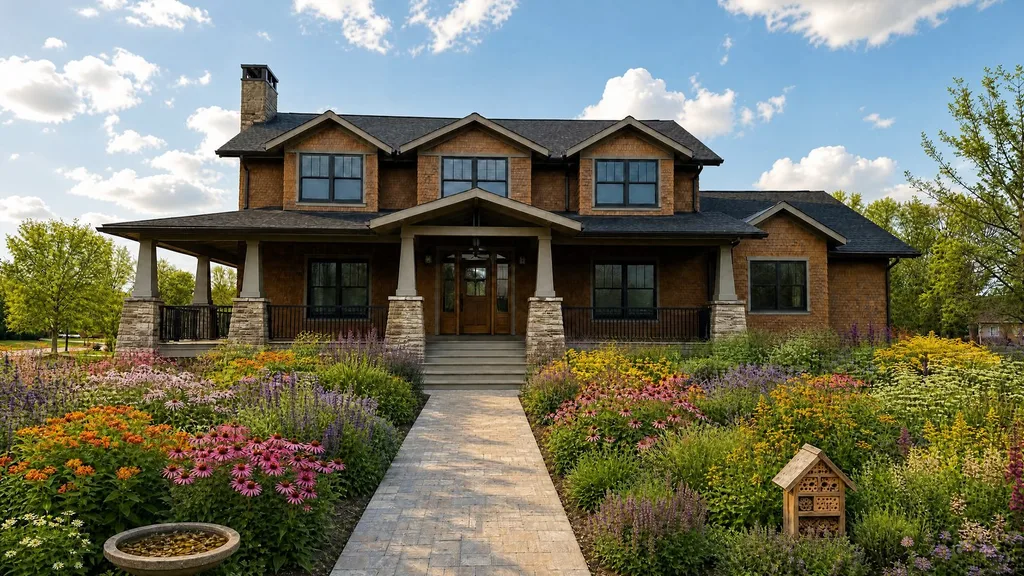 A pollinator landscape rendered by YardRemake on a sample home