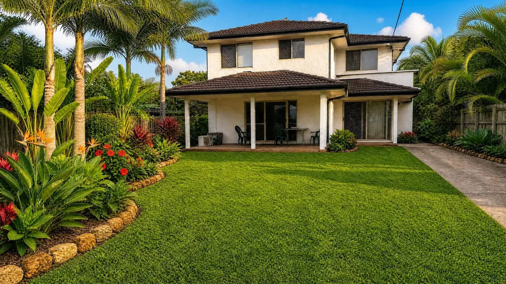 A tropical landscape rendered by YardRemake on a sample home