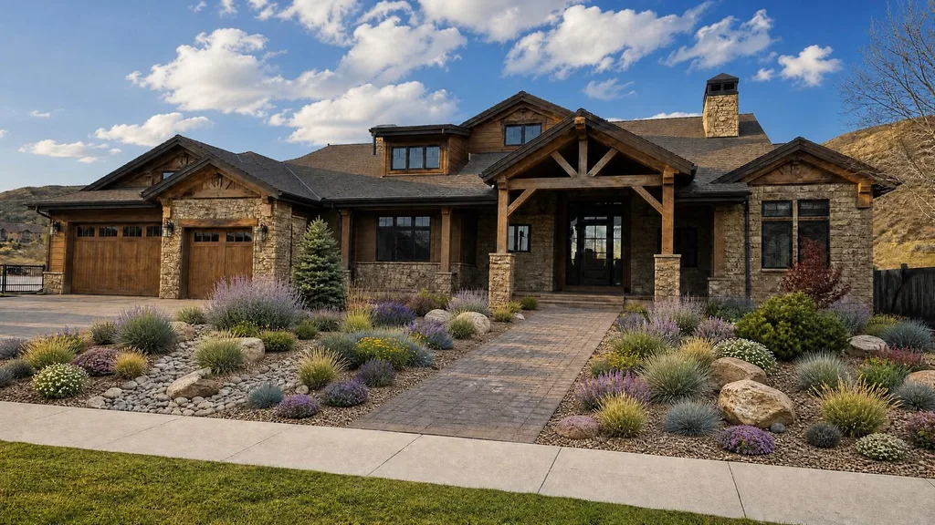 A xeriscape landscape rendered by YardRemake on a sample home