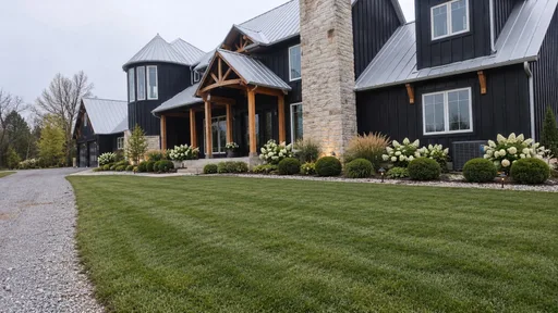 Black farmhouse, hydrangea borders