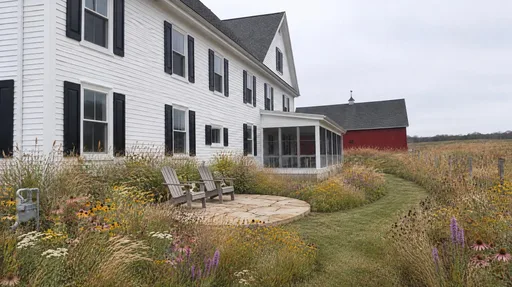 Clapboard farmhouse, meadow terrace