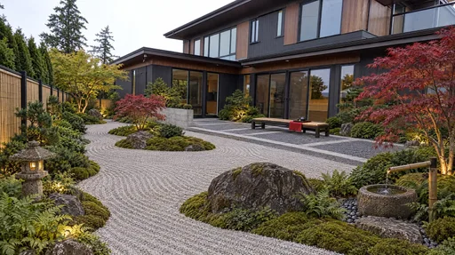 Cedar contemporary, raked-gravel garden