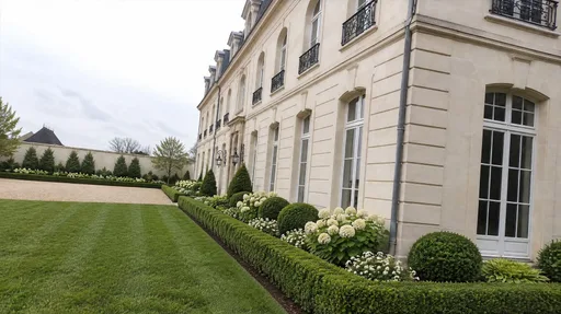 French limestone manor, hydrangea border