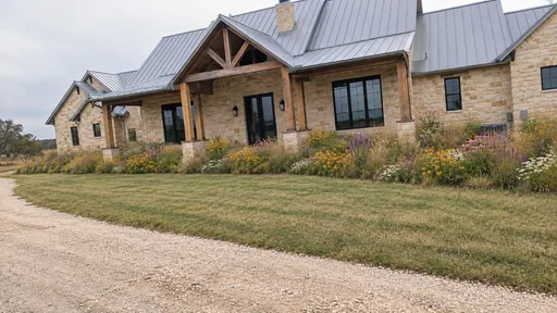 Limestone ranch house, prairie meadow