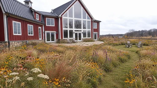 Red barn home, meadow garden