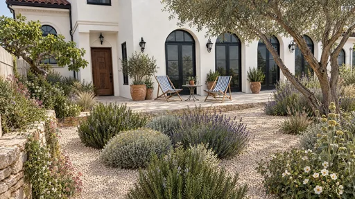 Spanish Revival villa, olive and gravel garden