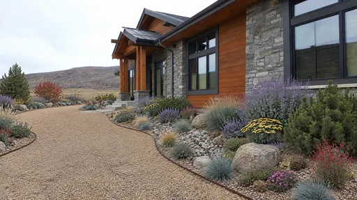Stone-and-timber contemporary, gravel xeriscape