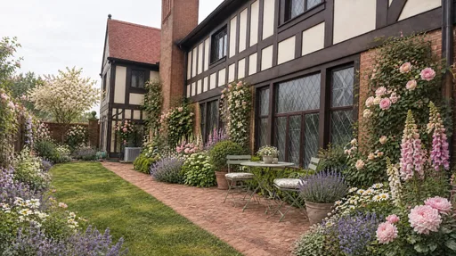 Tudor Revival house, climbing roses
