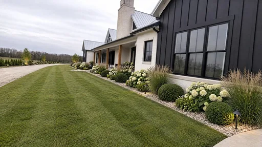 Whitewashed brick farmhouse, foundation border